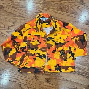 Kreamy Women's‎ Camo Denim Jacket 2XL Orange Yellow Pockets Waist Buttons Up
